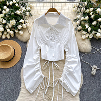 Chemisier court à col et lacets pour femme, manches longues, taille cintrée, style décontracté et élégant pour l'automne