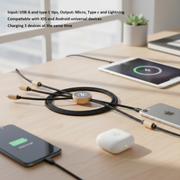 Câble de données USB Type C 60W en bambou RPET et nylon, durable, pour voyage, 5 en 1, avec logo LED personnalisé, charge rapide