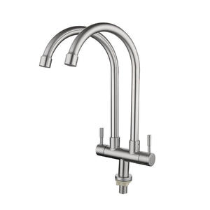 304 Stainless Steel Single-hole <b>Brushed</b> Nickel-colored Double-bent Pipe Single Cold Kitchen Faucet - Product Image 1