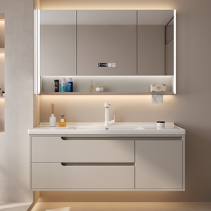 Armadietto da bagno in crema stile moderno con lavabo integrato in ceramica lavabo lacca porta pannello di trattamento superficiale per uso alberghiero - Product Image 2
