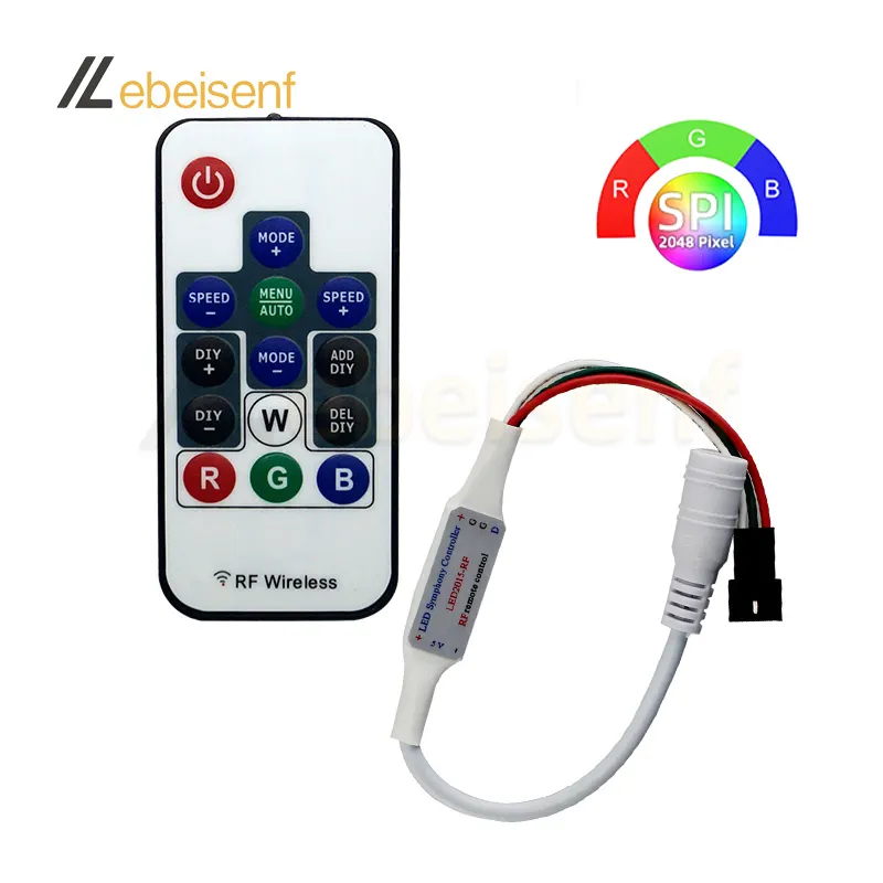 14-Key RF Wireless Remote Mini RGB Controller 5 ~ 24V DC max 2048 ICs para tensão constante SPI endereçável LED Pixel Strip Lights