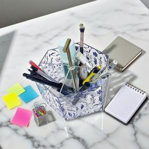 Acrylic <b>Storage</b> <b>Box</b> Blue White Pattern 20x17x18cm With <b>Drawers</b> For Desktop Stationery Makeup Organizer - Product Image 1