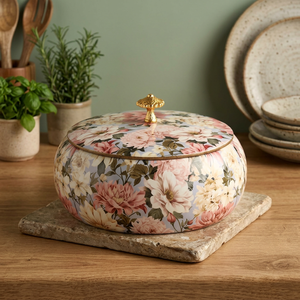 Cazuela de Cerámica Floral con Tapa, Recipiente Redondo para Calentar Alimentos con Revestimiento de Esmalte Aislante - Product Image 6
