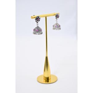 Oxidised Jhumki Vintage Flower Shape Drop <b>Earrings</b> Pink Rhinestones Silver Plated Women's Wedding Jewelry - Product Image 2
