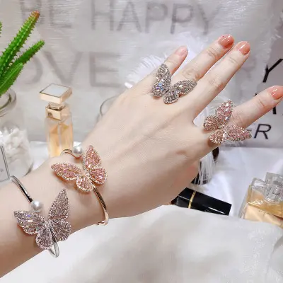 YERTTER Classic Chinese Style Butterfly Ring Bangle Hand Chain Bracelet Hollow Rose Open Bangle Bracelet Hand Jewelry for Teen Girls