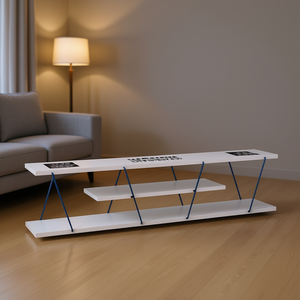 Meuble TV bas FurnisHome Tars de 56 pouces, style moderne du milieu du siècle, avec rangement ouvert, centre de divertissement en métal, blanc - Product Image 2