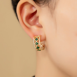 MUYU Geometric Stud Earrings 925 Silver Gold Green Zircon Everyday Wear - Product Image 4