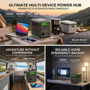 Station d'alimentation portable 1200W, générateur solaire avec surtension de 2400W pour la sauvegarde à domicile en cas d'urgence, alimentation électrique pour le camping en plein air - Product Image 4
