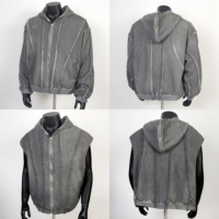 THUG CLUB Sweat à capuche épais délavé à l'acide et vieilli, style Techwear, coupe courte, effet soleil délavé, entièrement zippé, pour homme