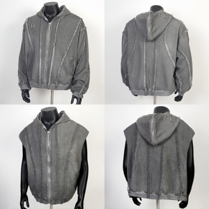THUG CLUB Sweat à capuche épais délavé à l'acide et vieilli, style Techwear, coupe courte, effet soleil délavé, entièrement zippé, pour homme - Product Image 4