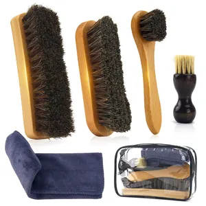 5-delige Paardenhaar Glans Schoenborstel Set Poets Dauber Applicator Reinigende Leren Schoenen En Laarzen Suède Met Microfiber Handdoek