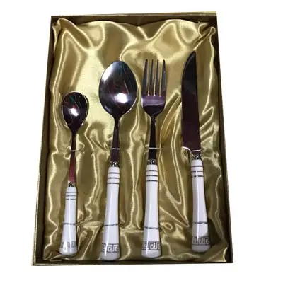 Personalize Stainless Steel Silverware Flatware Cutlery Set Black Ceramic Handle With Golden Pattern 4 Piece Set With Gift Box
