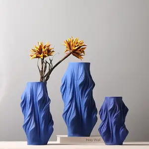 현대 미니멀리스트 3D 인쇄 세라믹 꽃병 블루 불규칙한 건조 꽃병 거실을위한 창조적 인 장식
