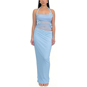 เดรสยาวคอ halter สำหรับผู้หญิง ผ้าตาข่ายบาง แต่งระบายช่วงเอว ตัดเว้าหลัง ชุดราตรีออกงานลายดอกไม้ แฟชั่น - Product Image 1