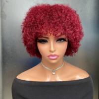 Perruque Courte Brésilienne en Cheveux Humains Vierges Afro Crépus Bouclés avec Frange, Faite à la Machine, pour Femmes Noires - Vente en Gros