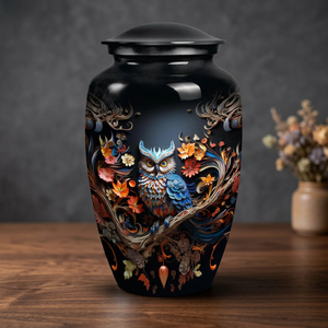 Urne funéraire noire avec motif hibou coloré et floral, personnalisable, capacité de 200 pouces cubes, pour adulte - Product Image 3