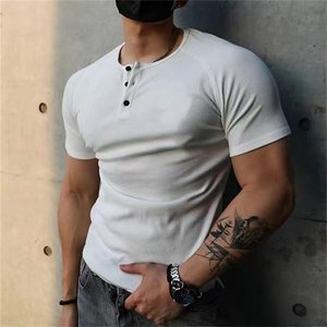 Camiseta Henley de Algodón Grueso de 230g con Hilo Ancho, Diseño Liso, Estilo Vintage para Hombre, Manga Corta de Verano, Ajuste Holgado, Dobladillo Acanalado - Product Image 2