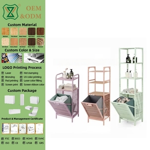 Cesto <span class=keywords><strong>Portabiancheria</strong></span> Autoportante a 2, 3, 4 Ripiani in Bambù con Apertura a Ribalta e Sacco Interno in Tessuto Removibile - Product Image 1