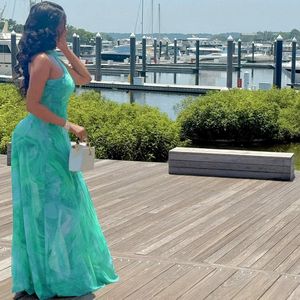 เดรสเชือกแขวนคอสำหรับผู้หญิงเดรสยาวผ้าโปร่งสีน้ำเงินดีไซน์ใหม่ใส่สบาย - Product Image 4