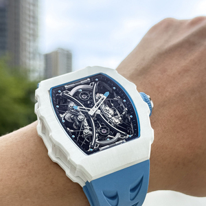 Luxury Barrel Shape Skeleton Mechanical Watch Men Automatic Double Tourbillon Style Wristwatch with Blue Rubber Strap - Product Image 4