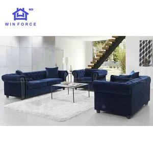 Winforce批发奢华优雅天鹅绒面料客厅沙发套装家具切斯特菲尔德簇绒3座意大利沙发沙发
