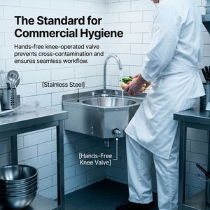 Évier d'angle à commande au genou pour cuisine, évier de cuisine en acier inoxydable avec robinet à bouton-poussoir, équipement de cuisine professionnel - Product Image 3