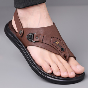 Sandalias con Correa en T para Hombre, de Cuero Genuino, Punta Abierta, Suela de Goma Antideslizante, Zapatos Casuales para Playa y Conducir - Product Image 1