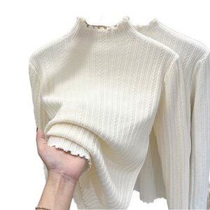 Maglione Basico Bianco da <span class=keywords><strong>Donna</strong></span> Autunno Inverno con Bordo Ondulato, Collo Medio Alto Stile Coreano per la Primavera e Logo Frontale - Product Image 1