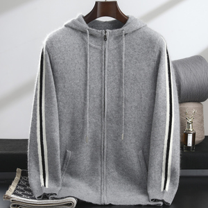 <strong>Men's</strong> Autumn Winter Pure Wool <strong>Cardigan</strong>, Hooded <strong>Zip</strong> <strong>Up</strong> Thick Coat, Knit Sweater, Customizable - Product Image 3
