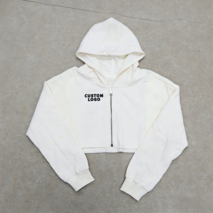 Sweat-shirt à capuche zippé pour femme, coupe courte, épaules tombantes, couleur unie, avec logo personnalisé, fabricant - Product Image 1