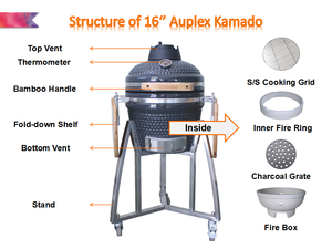 AUPLEX Premium OEM Four solaire portable 16'' <span class=keywords><strong>Fumoir</strong></span> en céramique Acier inoxydable Kamado <span class=keywords><strong>Barbecue</strong></span> au charbon de bois Sans fumée Extérieur - Product Image 2
