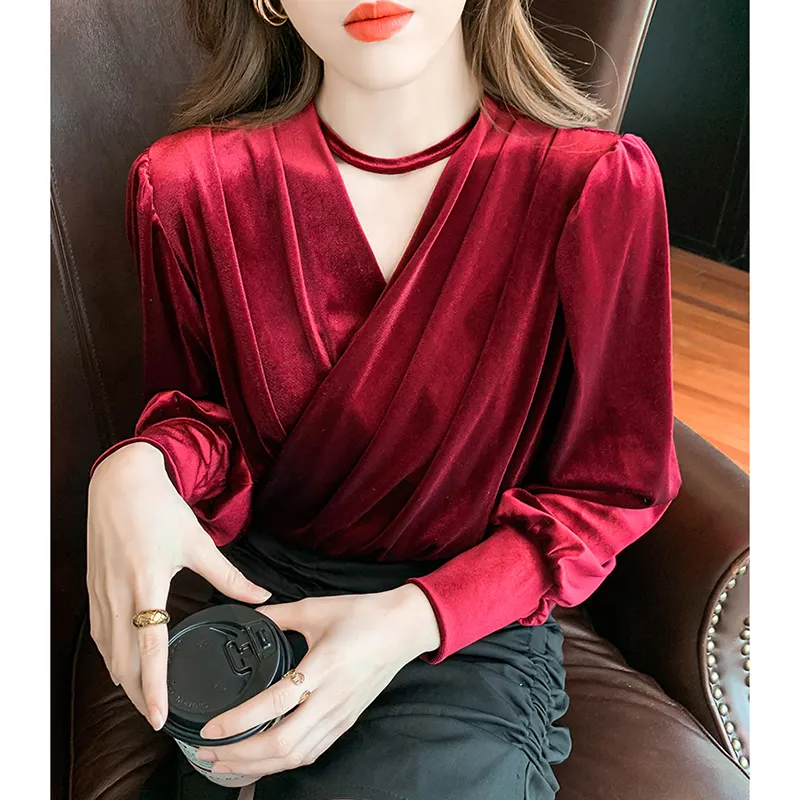 arrivals 2022 new ladies clothing wholesale gold velvet blouse v-neck solid color bottoming shirt retro all-match blouse
