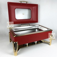 Plat de service de luxe 9L en acier inoxydable, chauffe-plat de buffet rouge et or avec couvercle en verre visible pour banquets d'hôtel