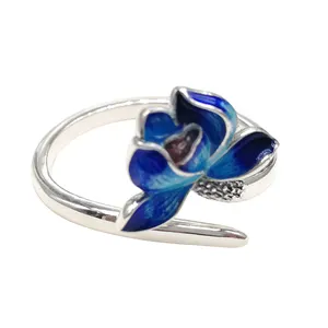 Bán Buôn Thực 100% S925 Sterling Silver Retro Thời Trang Cloisonne Sen Có Thể Điều Chỉnh Đồ Trang Sức Vòng Đối Với Phụ Nữ