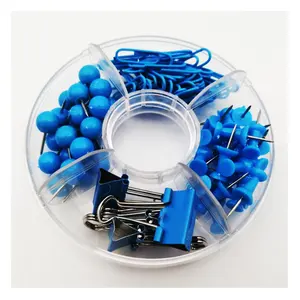 Set di accessori per desktop da ufficio all'ingrosso clip di carta blu colorate perni di spinta in plastica clip per leganti per bordo di sughero