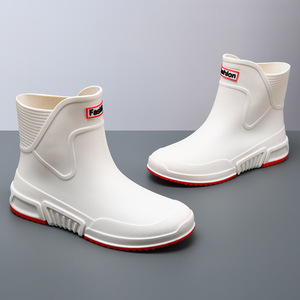 Bottes de pluie pour femmes, blanches et rouges, à talon bas, imperméables, antidérapantes, toutes saisons, couleur unie, style 9688 - Product Image 3