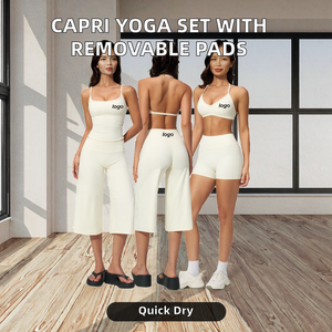 Custom Logo Solid Capri Yoga Sets Square Neck Crop <b>Top</b> Spandex/Nylon Removable Pads Strap <b>Vest</b> Gym Outfit Summer Breathable - Product Image 2