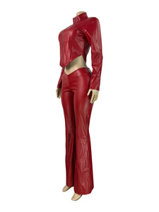 Conjunto de Dos Piezas para Mujer Viviblook Z1121ST09, Chaqueta de Cuero Elástica con Cierre y Pantalones Casuales Acampanados - Product Image 3
