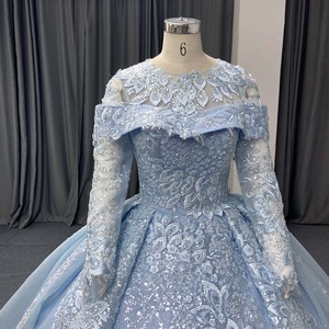 Vestido de Quinceañera Lsany282 Azul Hielo de Lujo con Cuello Ilusión, Manga Larga, Apliques de Encaje Plateado y Brillo, Vestido de Princesa Jancember - Product Image 3