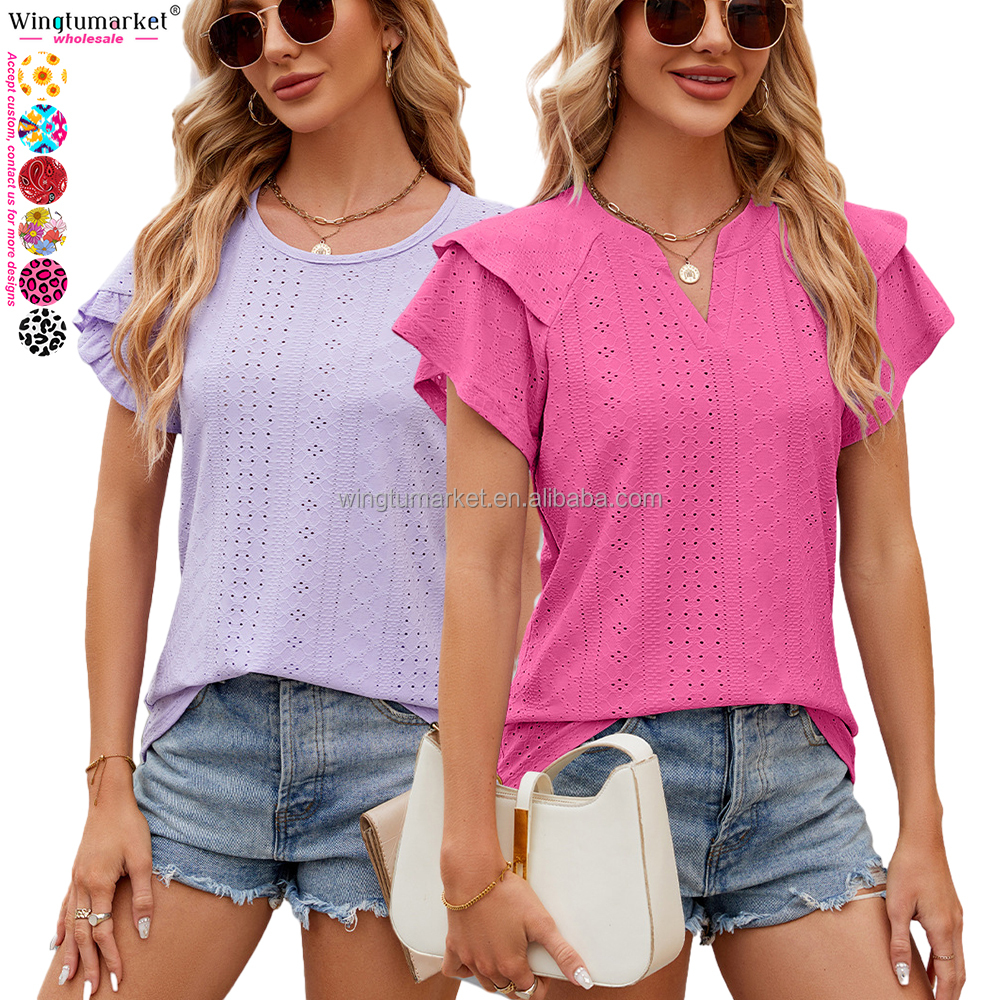 Casual ladies blouse office summer eyelet short sleeve tops frills neck ruffles blouses elegant shirts for women