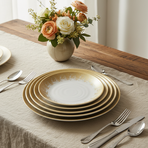 Plato de Cena Moderno de Diseño Retro con Motivos Vegetales, 100% Melamina, Redondo, Color Blanco Dorado, Plato de Plástico para Aperitivos, para Restaurante Familiar, Banquete, Comedor - Product Image 1