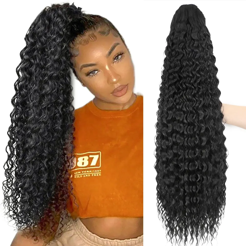 Long Kinky Curly Synthetic Drawstring Ponytail 16/22 Inch Clip-In Hair Extension Water Wave Afro Pony Tail Women Hairpiece