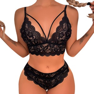 European and American export best-selling sexy lace three-piece see-through lingerie, unlined, low-waisted, backless bra - Product Image 5