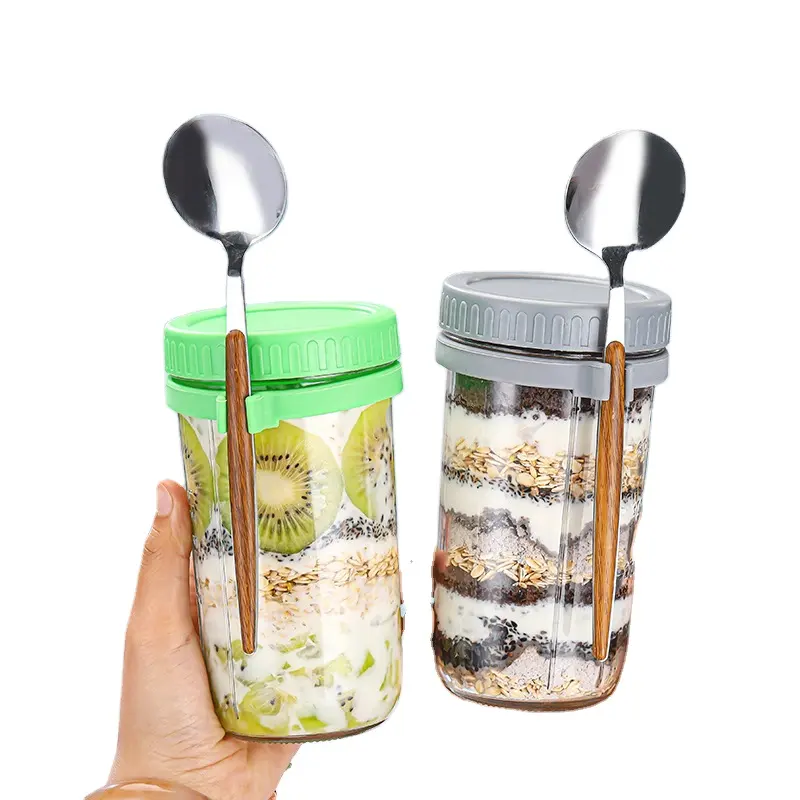 Gelas Overnight oat wadah dengan tutup dan Sendok, lebih tinggi 20 oz Mason jar dengan tutup kedap udara untuk Salad Yogurt jus buah