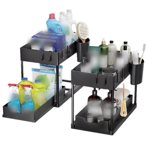 Organisateur à 2 niveaux avec panier coulissant, étagère de rangement avec crochets, organisateur suspendu pour tasses, salle de bain, cuisine - Product Image 5
