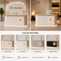 Bureau de réception carré moderne en MDF crème avec base lumineuse LED et armoire de rangement pour salon, spa ou bureau