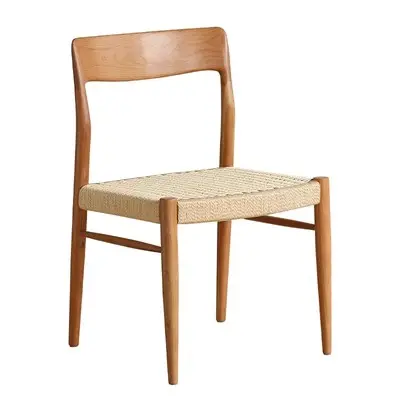 Vintage Solid Wood Dining Chair Restaurant Household Rubber Wood Study Backrest Handwoven Vine Chair