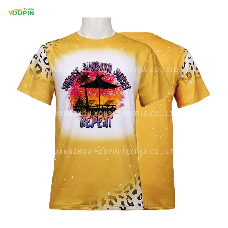 Summer T Shirt Heat Transfer Sublimation Blank Polyester T Shirt Faux Bleach Yellow Leopard Design Shirts