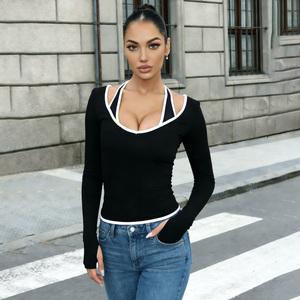 Camiseta de manga larga con cuello halter y contraste en blanco y negro para mujer, ajustada, sexy, top básico - Product Image 6