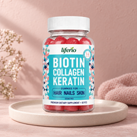 Complément alimentaire en gommes à la biotine, au collagène et à la kératine, sans sucre, sans gluten, bonbons à mâcher pour soutenir la santé quotidienne des cheveux et des ongles.